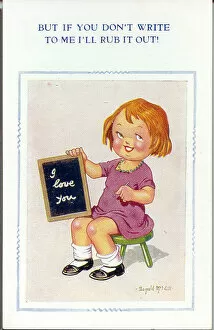 Chalk Collection: Comic postcard, Little girl with slate Date: 20th century