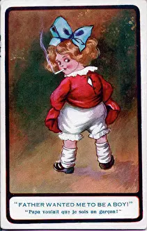 Knickers Prints: Comic postcard, Little girl smoking a cigarette - Father wanted me to be a boy! Date: early 20th century
