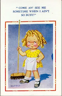Invitation Prints: Comic postcard, Little girl with sweeping brush Date: 20th century