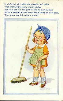 Comic postcard, Little girl with sweeping brush Date: 20th century