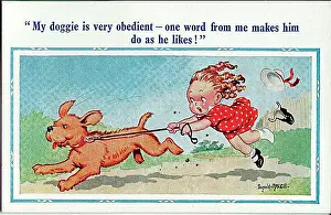 Comic postcard, Little girl takes dog for walk Date: 20th century