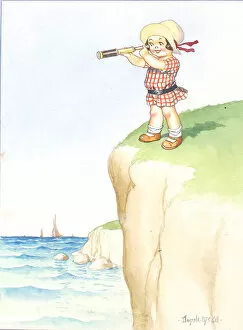 Images Dated 10th June 2014: Comic postcard, Little girl with telescope on cliff, looking out to sea Date