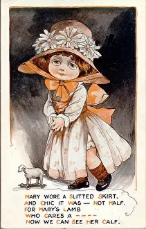 Calf Prints: Comic postcard, Little girl with toy lamb on wheels Date: early 20th century