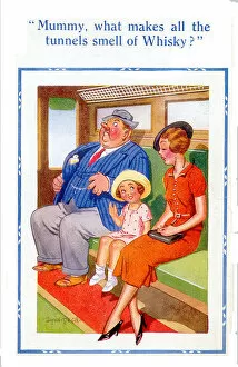 Comic postcard, Little girl in train compartment Date: 20th century