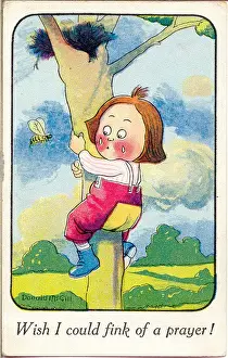 Worried Prints: Comic postcard, Little girl up a tree Date: 20th century