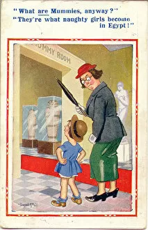 Mummies Collection: Comic postcard, Little girl visits Egyptian exhibition Date: 20th century