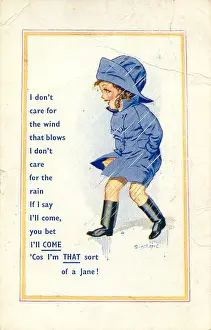 Jane Prints: Comic postcard, Little girl walking in the rain Date: 20th century