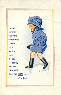 Comic postcard, Little girl walking in the rain Date: 20th century Comic postcard, Little girl walking in the rain Date: 20th century