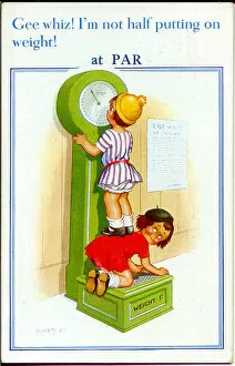 Comic postcard, Little girl weighing herself Date: 20th century