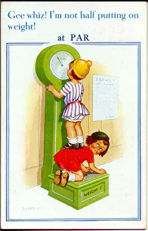 Comic postcard, Little girl weighing herself Date: 20th century Comic postcard, Little girl weighing herself Date: 20th century