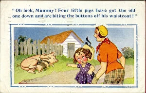 Naive Collection: Comic postcard, Little girl, woman and pigs Date: 20th century