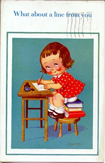 Inkpot Prints: Comic postcard, Little girl writing at a desk