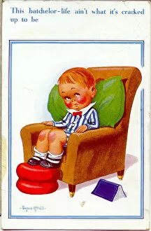 Unhappy Gallery: Comic postcard, Lonely boy sitting in an armchair Date: 20th century