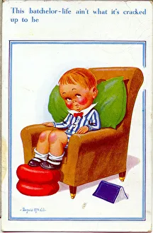 Comic postcard, Lonely boy sitting in an armchair Date: 20th century Comic postcard, Lonely boy sitting in an armchair Date: 20th century