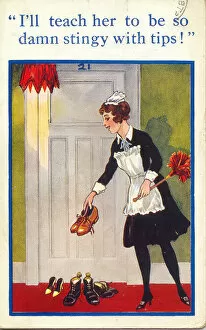 Accommodation Gallery: Comic postcard, Maid with boots and shoes outside hotel room Date: 20th century