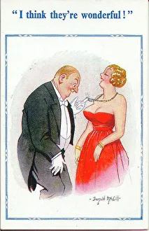 Comic postcard, Man admires woman's... necklace? Date: 20th century