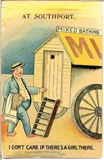 Boater Gallery: Comic postcard, Man approaches bathing hut - mixed bathing Date: 20th century