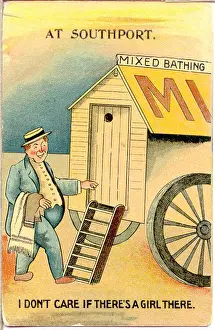 Eager Prints: Comic postcard, Man approaches bathing hut - mixed bathing Date: 20th century