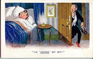 Drunkard Prints: Comic postcard, Man arrives home very late - I'm doing my bit! Date: 1914-1918