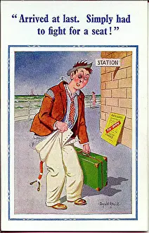 Comic postcard, Man arrives at the seaside by train Date: 20th century