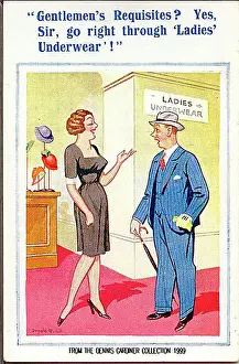 Gardiner Prints: Comic postcard, Man asks for directions in department store Date: 20th century
