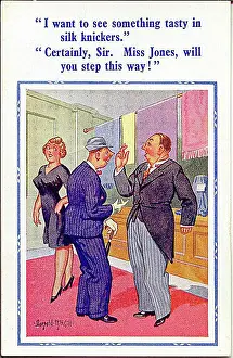 Suggestive Prints: Comic postcard, Man asks for help in department store Date: 20th century