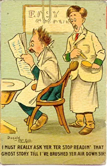 Haircut Prints: Comic postcard, Man at the barbers Date: 20th century