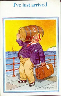 Comic postcard, Man with barrel of beer and suitcase, just arrived at the seaside
