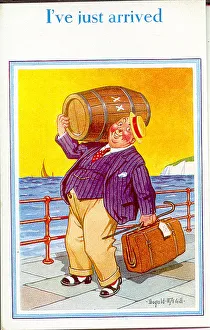Comic postcard, Man with barrel of beer and suitcase, just arrived at the seaside Comic postcard, Man with barrel of beer and suitcase, just arrived at the seaside