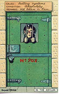 Gambling Prints: Comic postcard, Man behind bars. In the Asylum - betting systems. Date: 20th century
