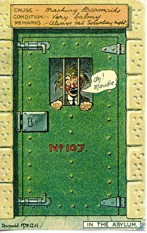 Madness Prints: Comic postcard, Man behind bars. In the Asylum - mashing barmaids. Date: 20th century