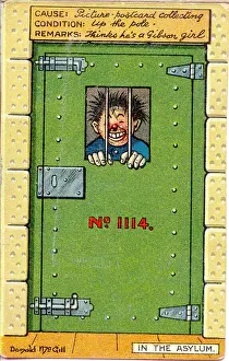 Madness Prints: Comic postcard, Man behind bars. In the Asylum - picture postcard collecting