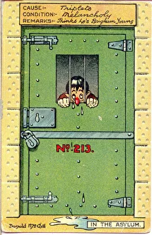 Comic postcard, Man behind bars. In the Asylum - Triplets. Date: 20th century Comic postcard, Man behind bars. In the Asylum - Triplets. Date: 20th century