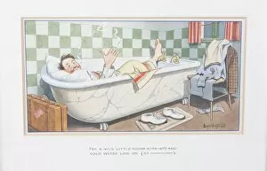 Holidays Gallery: Comic postcard, Man in bath at seaside hotel