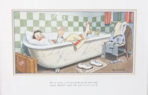 Pillow Prints: Comic postcard, Man in bath at seaside hotel