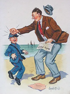 Images Dated 4th September 2015: Comic postcard, Man on beach annoyed by telegram. How dare you bring me a telegram like