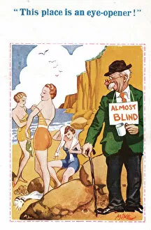 Images Dated 17th March 2021: Comic postcard, Man on the beach, almost blind! Date: 20th century