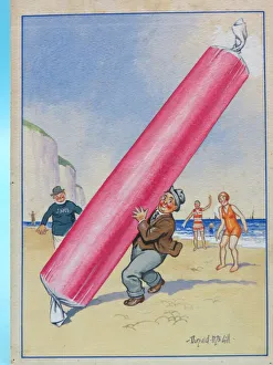 Images Dated 4th September 2015: Comic postcard, Man on the beach with stick of rock