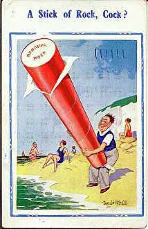 Rude Prints: Comic postcard, Man on the beach with a stick of rock Date: 20th century