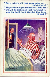 Comic postcard, Man in bed disturbed by party Date: 20th century