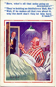 Comic postcard, Man in bed disturbed by party Date: 20th century Comic postcard, Man in bed disturbed by party Date: 20th century