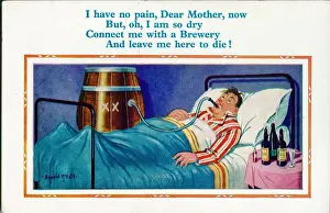 Pyjamas Prints: Comic postcard, Man in bed, drinking from beer barrel Date: 20th century