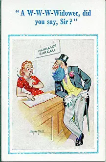 Bushy Prints: Comic postcard, Man with blue beard at marriage bureau Date: 20th century