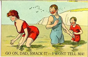 Daring Prints: Comic postcard, Man, boy and pretty young woman bathing in the sea Date: 20th century