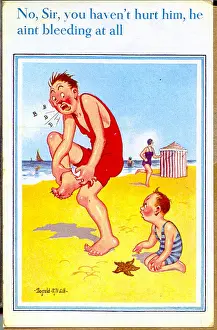 Spike Prints: Comic postcard, Man, boy and starfish on the beach Date: 20th century