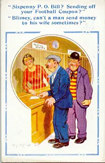 Inexpensive Prints: Comic postcard, Man buying sixpenny postal order in the Post Office Date