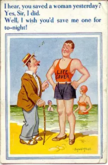 Chat Prints: Comic postcard, Man chats with lifeguard on the beach Date: 20th century