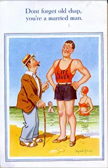 Comic postcard, Man chats with lifeguard on the beach Date: 20th century