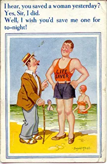 Comic postcard, Man chats with lifeguard on the beach Date: 20th century Comic postcard, Man chats with lifeguard on the beach Date: 20th century
