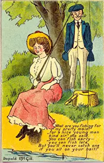 Flirt Prints: Comic postcard, Man chats with woman fishing Date: 20th century